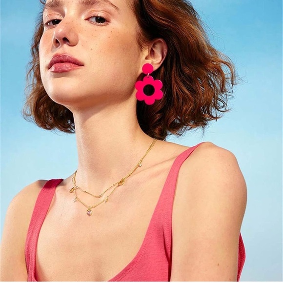 Hot Pink Hippie Flower 60s 70s Double Drop Earrings - Picture 2 of 7